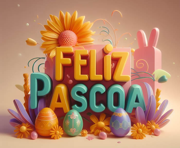 Imagem com a escrita Feliz Páscoa em 3D rodeada de ovos coloridos e decorados para a Páscoa