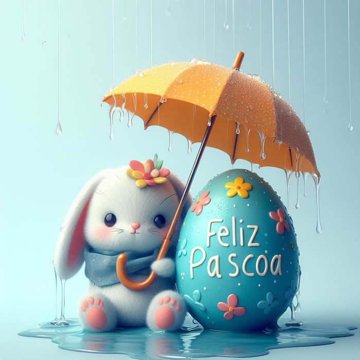 Imagem com um lindo coelho peludo encharcado segurando um guarda-chuva protegendo um ovo decorado da chuva onde está escrito Feliz Páscoa