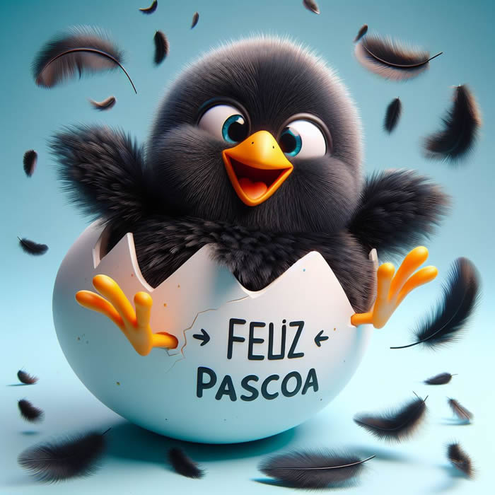 Imagem engraçada com um pintinho preto muito emplumado e sorridente saindo do ovo de Páscoa no qual está escrito Feliz Páscoa