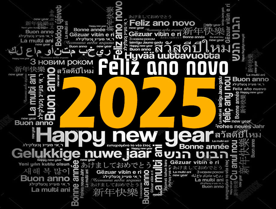 imagem com o texto Feliz Ano Novo traduzido no principal línguas mais faladas ou difundidas no mundo