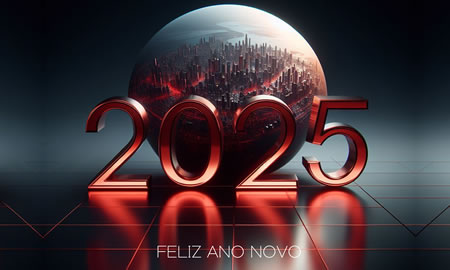 Imagem 3D de boas festas de fim de ano com 2025 em vermelho e com flashes de luz