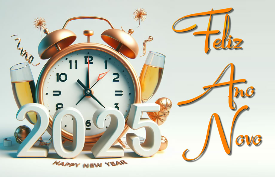 imagem com relógio com votos de feliz ano novo