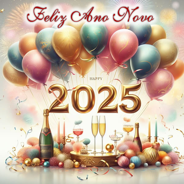 imagem com taças e espumante para brindar a meia-noite do ano novo com balões coloridos com 2025