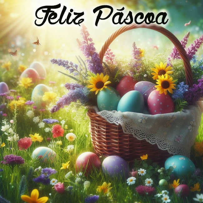 Imagem com uma cesta cheia de flores e ovos decorados em um prado florido com o texto Feliz Páscoa