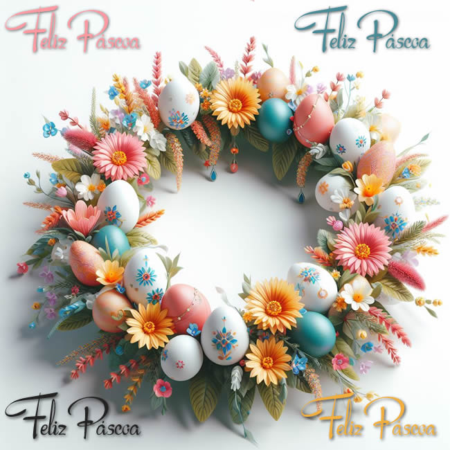 composição, em formato de guirlanda com ovos decorados e flores coloridas