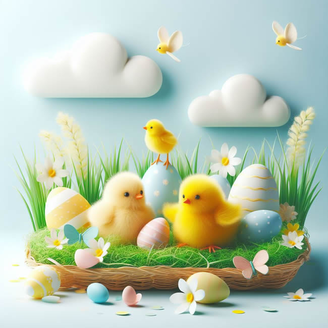 Imagem com pintinhos e ovos decorados