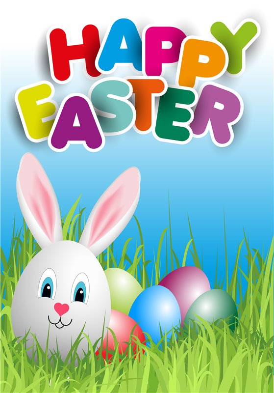 Cartão com coelho e texto colorido de feliz Páscoa em inglês