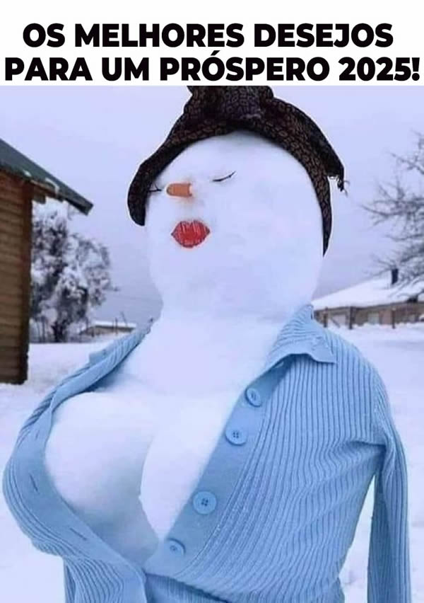 Fotos para saudações engraçadas 2025 Um lindo boneco de neve com seios prósperos