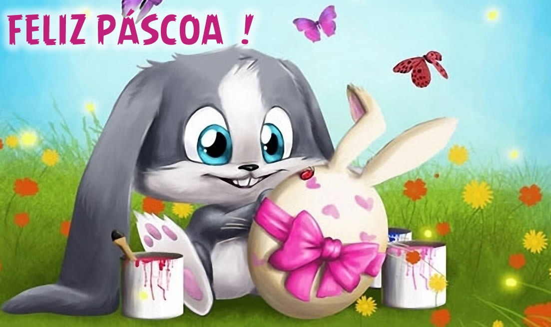 Imagem com coelhinho fofo pintando ovos de páscoa, com texto de saudações