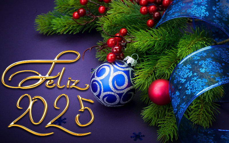 Imagem elegante com um cartão de felicitações com uma árvore de Natal decorada e uma mensagem Feliz 2025 com letras douradas