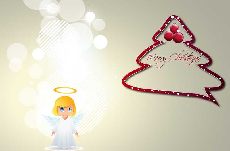 Imagem com anjo e árvore de Natal com Feliz Natal