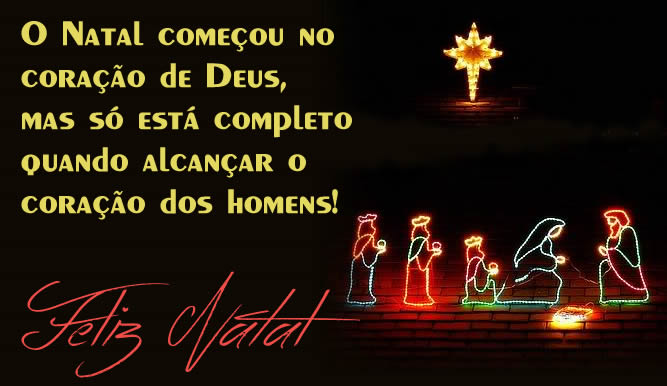 Imagem com um cartão de Natal com os magos e o cometa feito de luzes e o texto Feliz Natal