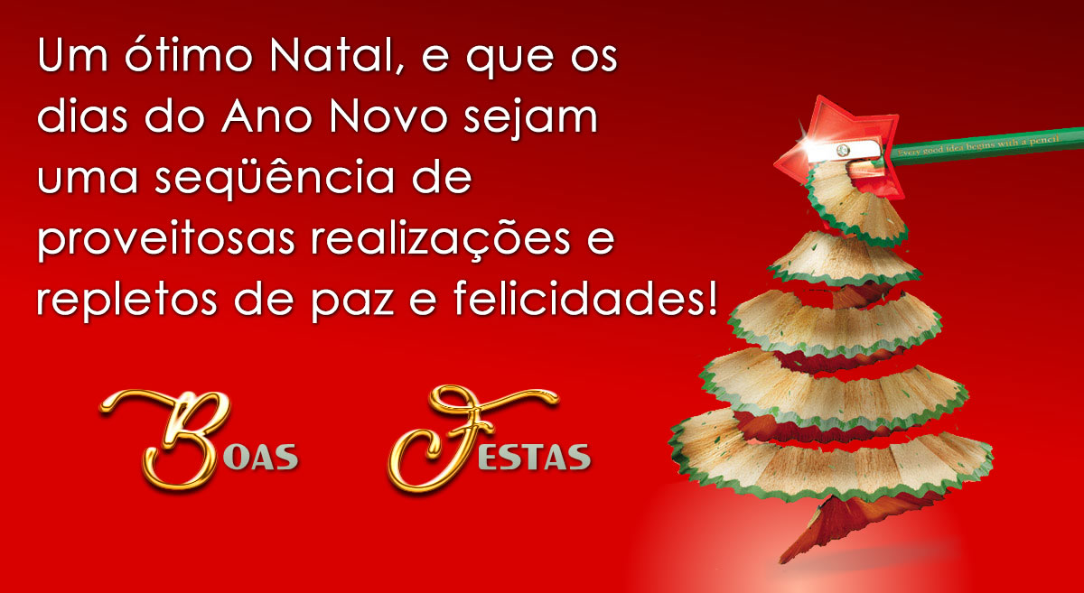 Imagem com um cartão de felicitações com um apontador de lápis produzindo uma árvore de Natal e uma mensagem: Um ótimo Natal, e que os dias do Ano Novo sejam uma seqüência de proveitosas realizações e repletos de paz e felicidades!