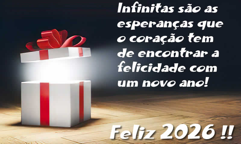 Cartão com a imagem de uma embalagem de presente que abre com muita luz e uma mensagem de boas festas