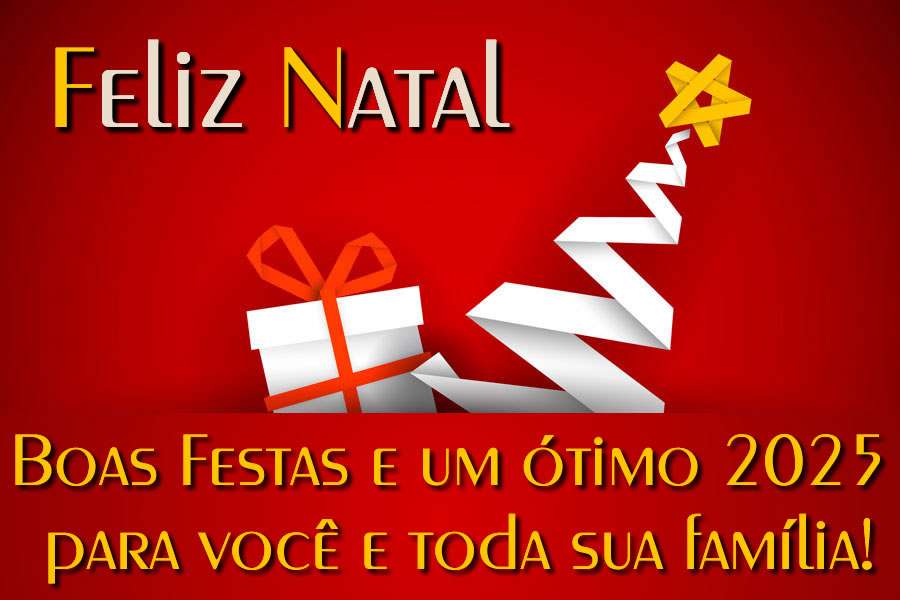 Imagem de fundo vermelho de Natal com presentes e árvore de Natal estilizada com frase de saudação