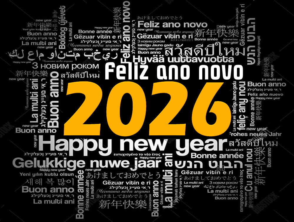 imagem com o texto Feliz Ano Novo traduzido no principal línguas mais faladas ou difundidas no mundo