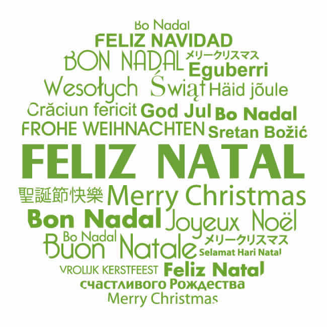 imagem de uma esfera coberto com Happy 2025 saudações nas principais línguas e mensagem de saudação: Feliz Natal e Próspero Ano Novo 2025 para todo o mundo