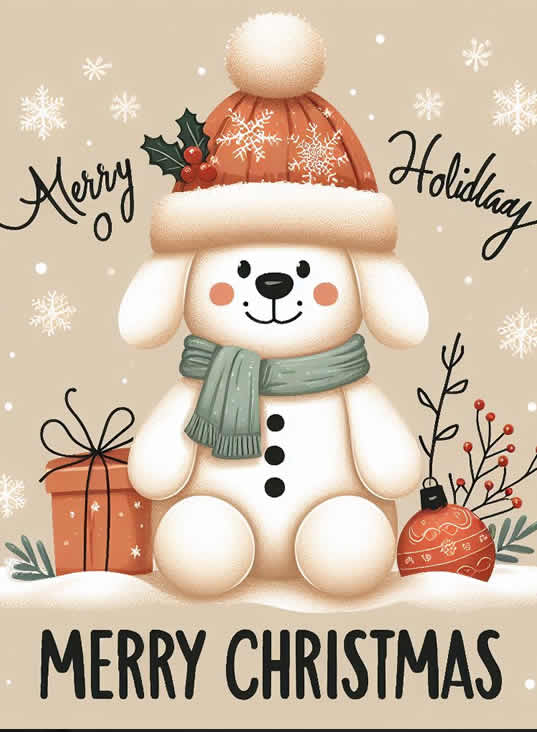 bela imagem com um boneco de neve com cabeça de cachorro, para boas festas para os mais pequenos, com as palavras Feliz Natal em inglês