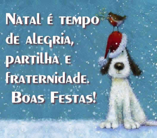 imagem de um cachorrinho doce com um passarinho na cabeça e muita neve com uma mensagem de Feliz Natal