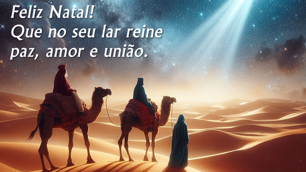 Imagem religiosa cristã com os Reis Magos seguindo o cometa com mensagem espiritual de bênção para um Feliz Natal e Próspero 2023