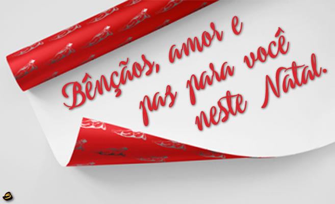Imagem com mensagem de saudação em papel de embrulho: Bênçãos, amor e paz para você neste Natal.