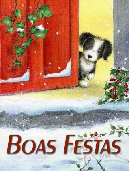 Desenho adorável com cachorro olhando pela porta com decorações de natal e os melhores votos