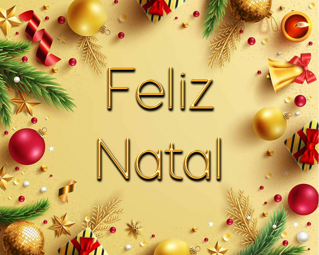 Imagem elegante com decorações e letras douradas FELIZ NATAL