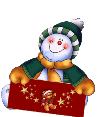 Gif animado engraçado com um boneco de neve e uma placa que se levanta com a inscrição: FELIZ NATAL