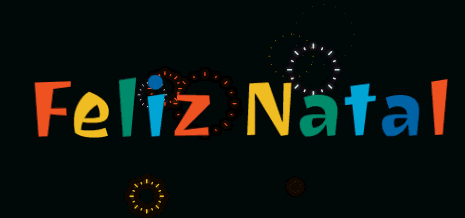 Imagem animada com texto colorido feliz natal com fogos de artifício
