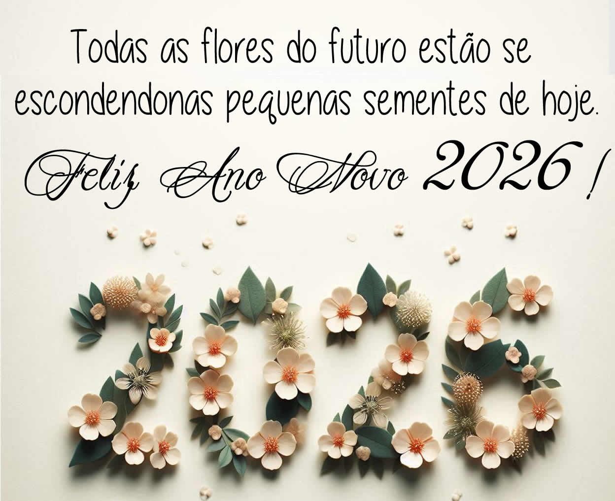 imagem alegre e colorida com 2026 construída com números feitos com flores e uma bela frase de saudação para um feliz ano novo