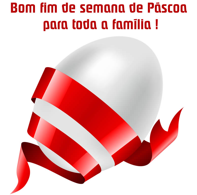 Imagem com ovo de páscoa com fita vermelha e mensagem de feliz páscoa