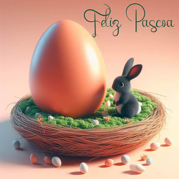Imagem com coelho com grande ovo de páscoa com texto de saudação: Feliz Páscoa