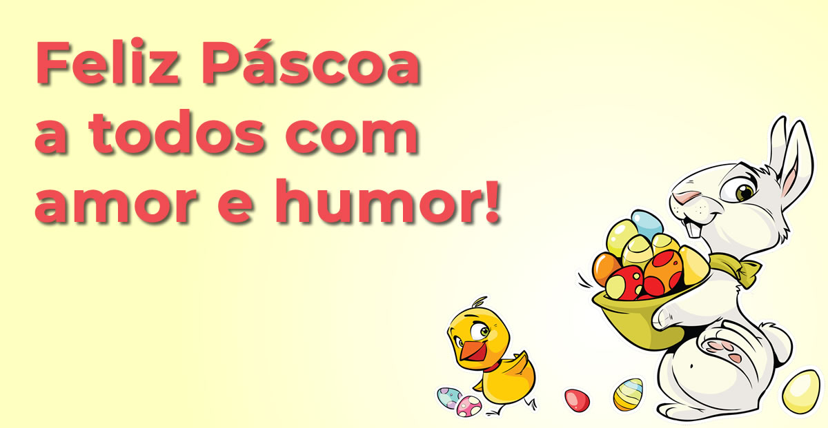 Imagem com um coelhinho fofo sentado na cesta com flores. Feliz Páscoa a todos com amor e humor!