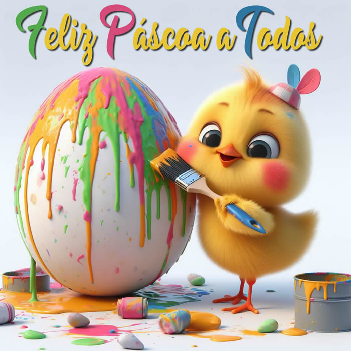 Imagem com pintinho pintando ovo de Páscoa com texto de saudação: Feliz Páscoa a todos