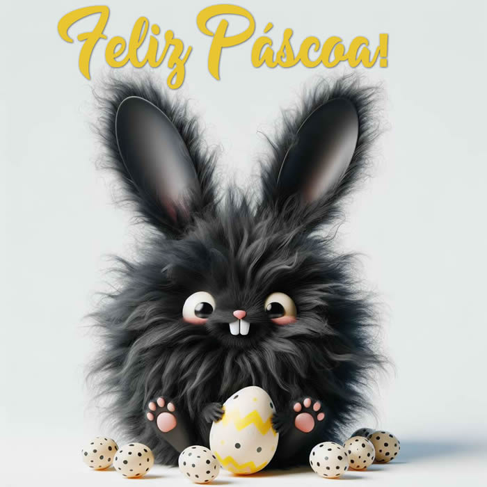 Imagem com Um coelho preto sarnento, feio mas fofo, para desejar uma feliz Páscoa de forma bem-humorada