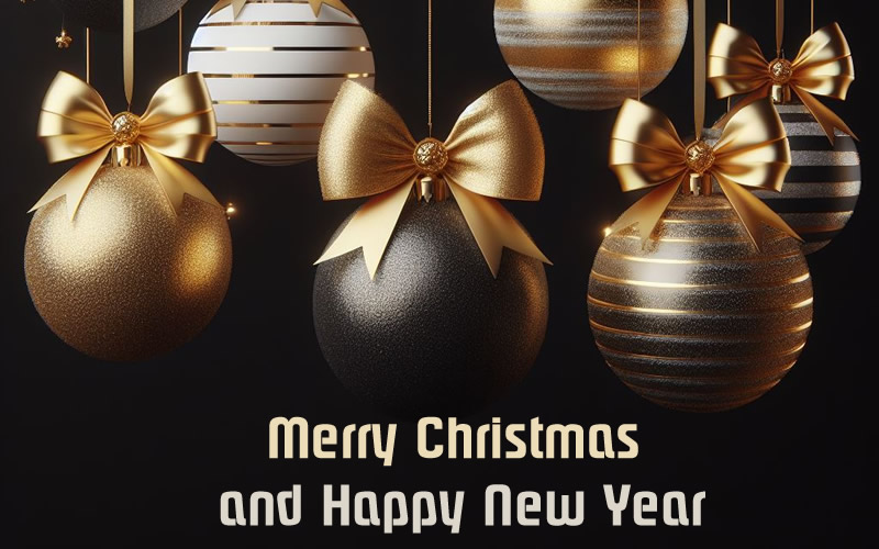 imagem elegante com bolas decorativas de Natal escritas em inglês Feliz Natal e Feliz Ano Novo