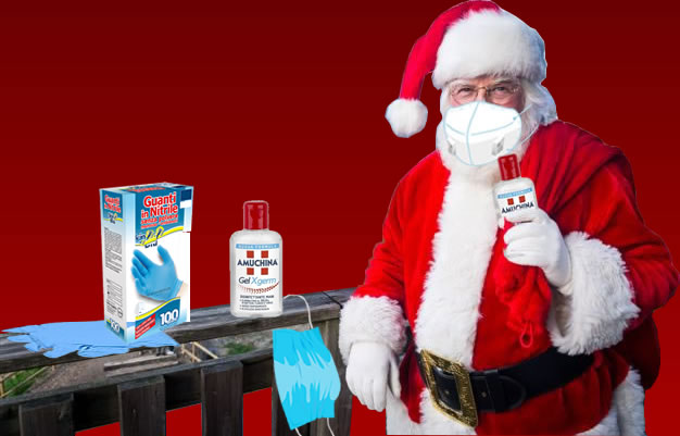 Foto do Papai Noel com máscara e luvas de látex, desinfetante para lavar as mãos e máscaras higiênicas