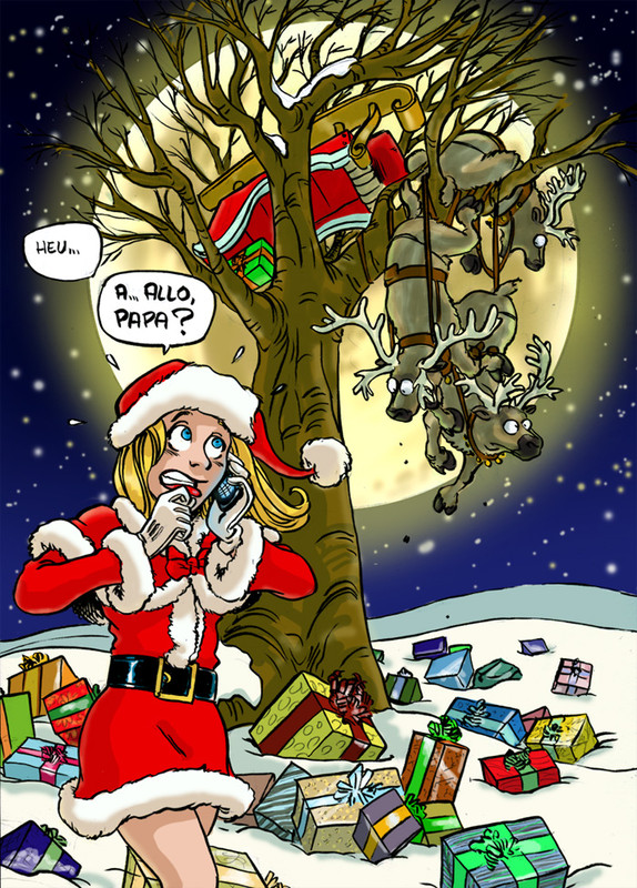 Imagem engraçada com a filha do Papai Noel ligando para o pai sobre um pequeno acidente com seu trenó que acabou em uma árvore com as renas.