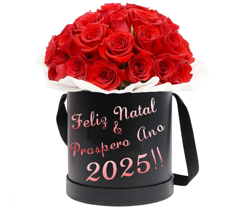 Imagem com um lindo buquê de rosas vermelhas em uma elegante caixa preta.