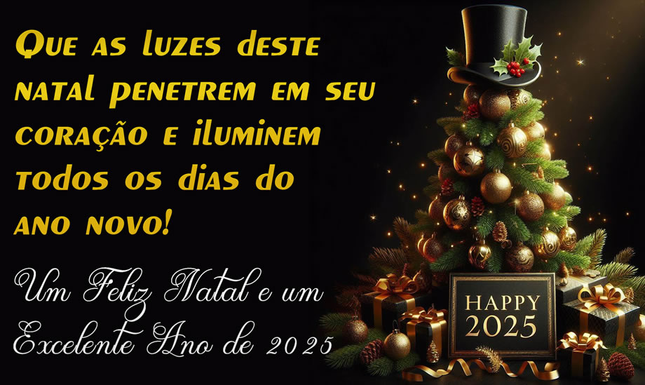 imagem de fundo preto com árvore de Natal estilizada e chapéu com a escrita Feliz 2025 e uma bela mensagem de saudação