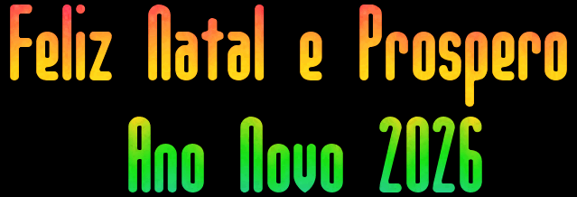 Gif animado de texto de Feliz Natal e Próspero Ano Novo de 2026 com efeito de esmaecimento dinâmico em verde/amarelo.