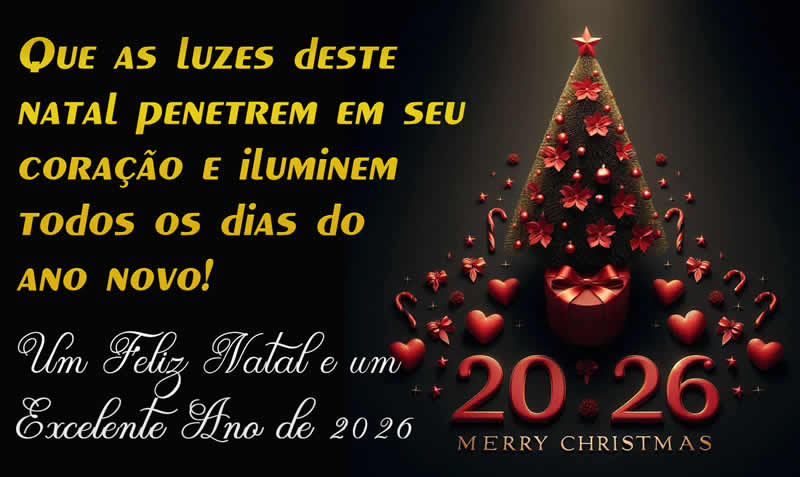 imagem de fundo preto com árvore de Natal estilizada e chapéu com a escrita Feliz 2026 e uma bela mensagem de saudação