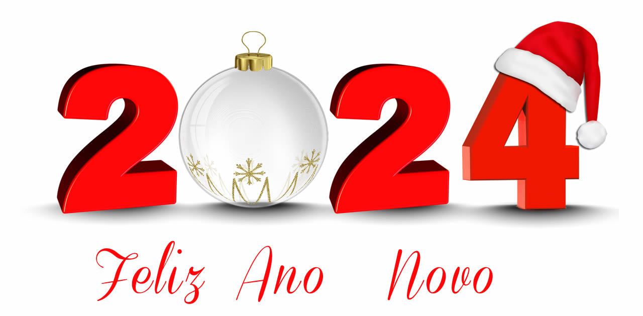 Imagem com texto 3D , formado com uma bola de Natal e o número um com chapéu de Papai Noel.