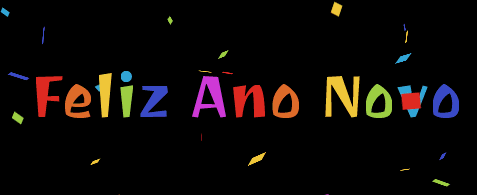 Imagem feliz Gif animado com texto colorido do FELIZ ANO NOVO 2025 e confetes de todas as cores caindo de cima