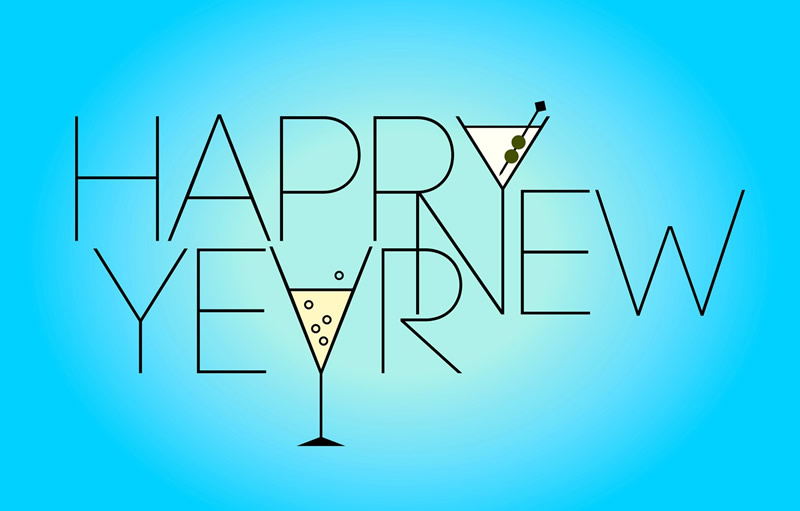 Imagem com texto Saudações de ANO NOVO com copos prontos para brindar à meia-noite do ano novo.