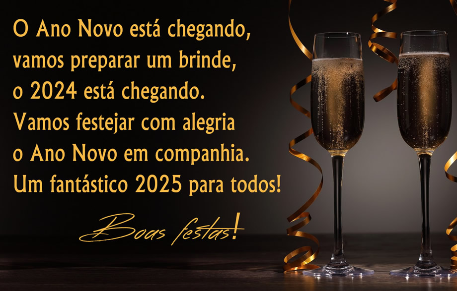 Imagem elegante em fundo preto, com taças cheias de champanhe para celebrar a chegada do ano novo com o texto dos cumprimentos de ano novo