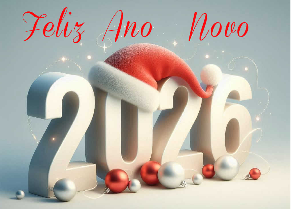 Imagem com texto 3D , formado com uma bola de Natal e o número um com chapéu de Papai Noel.