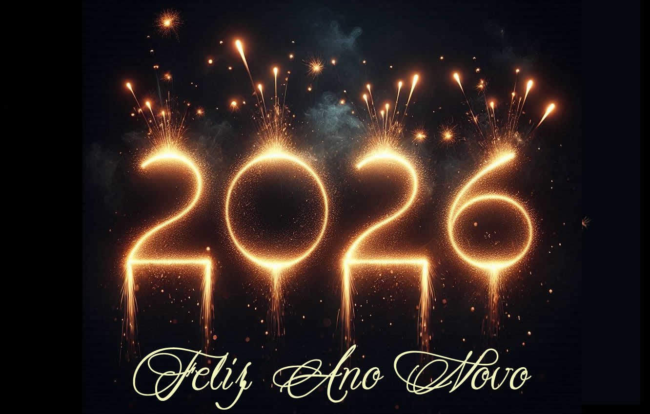 Imagem com 2026 texto composto por fogos de artifício coloridos
