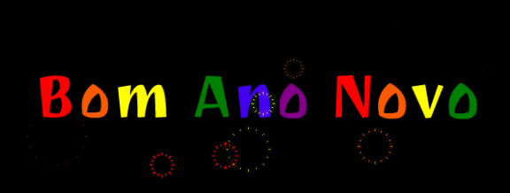 Imagem GIF animada com texto colorido FELIZ ANO 2026 e fogos de artifício explodindo