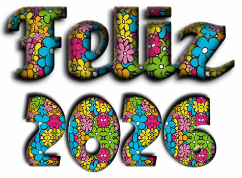 Imagem com bom texto Feliz 2026 criada a partir de flores coloridas.